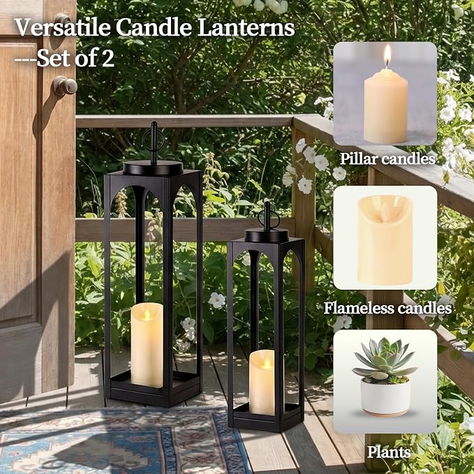 MATAHUM 24" 19" Large Lanterns Decorative Outdoor Indoor, 2 Pcs Black Metal Floor Candle Lanterns with Candle, Farmhouse Lantern Decor Outdoor Lanterns for Front Porch, Fireplace Mantel, Patio, Garden