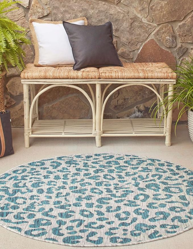 Unique Loom Outdoor Safari Collection Area Rug - Leopard (13' Round, Teal/ Ivory)