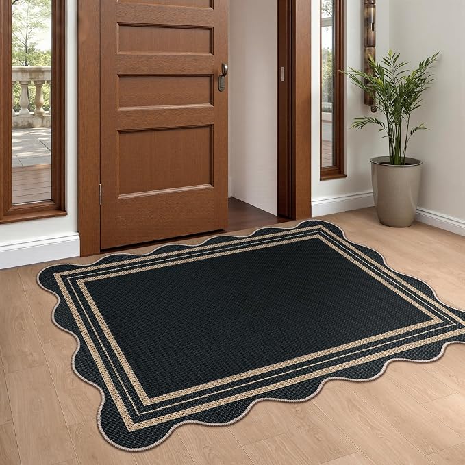 Easy Jute Black Front Door Mat, 2.6x4 Washable Entryway Rug Non Slip Small Kitchen Rug, Farmhouse Low Pile Floor Scalloped Rugs for Bathroom Porch Doorway