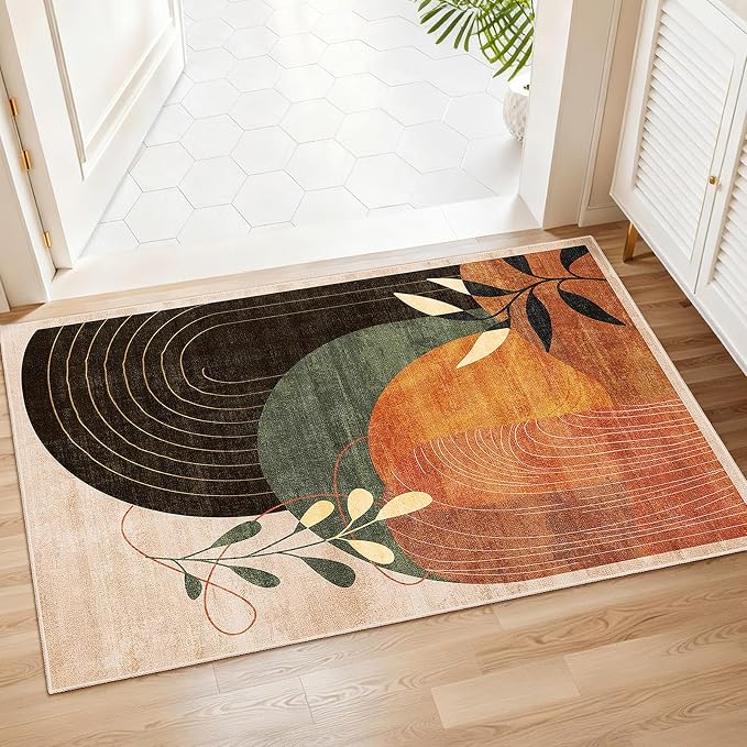 2x3 Washable Rug Small Area Rugs Non Slip Mid Century Modern | Throw Carpet for Bathroom Entryway Entry Entrance Bedroom Bedside Floor Indoor Boho Abstract Retro Terracotta Rust