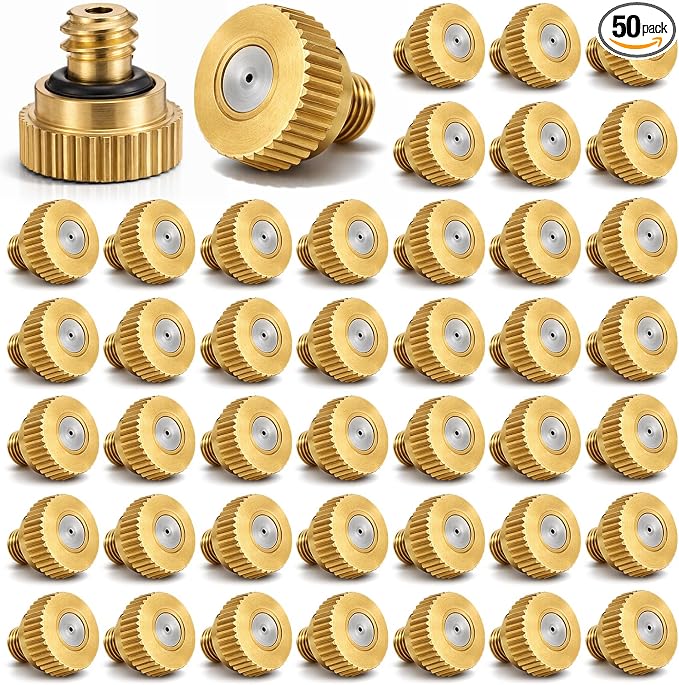 Zhengmy 50 Pcs 0.8mm Brass Misting Nozzles, Mister Nozzles Brass for Outdoor Cooling System Orifice 10/24 UNC Replacement Heads for Outdoor Cooling System