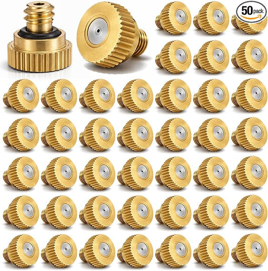 Zhengmy 50 Pcs 0.8mm Brass Misting Nozzles, Mister Nozzles Brass for Outdoor Cooling System Orifice 10/24 UNC Replacement Heads for Outdoor Cooling System