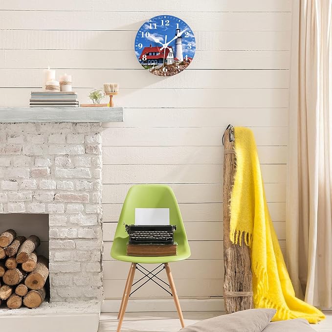 Wall Clocks Battery Operated, Beautiful White Lighthouse Silent Non Ticking Decorative Indoor Outdoor Wall Clocks for Living Room Kitchen Bedroom Bathroom 12"