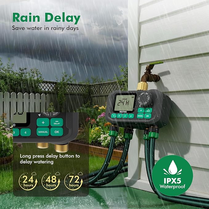 RESTMO Remote Control Brass Sprinkler Timer for Outdoor Hose Faucet 4 Zone, Max 11h59m Programmable Water Timer for Soaker Hose, Misting with Large Dial, Rain Delay/Manual/Automatic Irrigation System