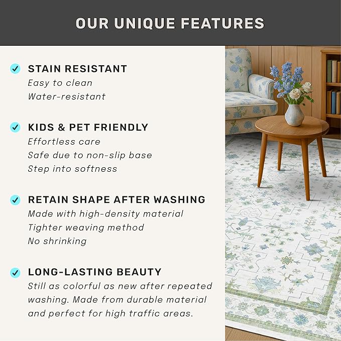 Washable Oushak Bathroom Runner Rug 2x5 - Eclectic Boho Floral Pastel, Non Slip Low Pile Stain Resistant Small Throw Rug for Bedroom, Laundry Room, Powder Room, Cream Green