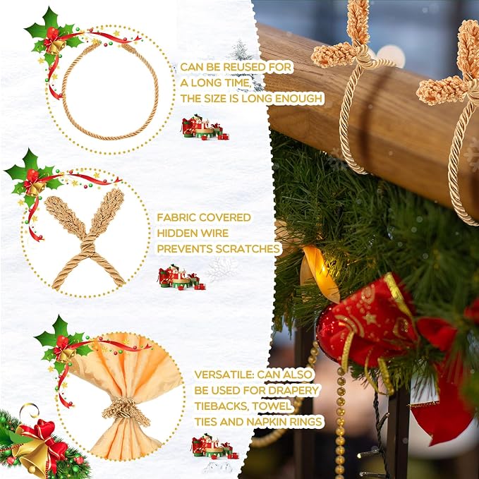 Zhengmy 20 Pcs 25 Inch Extra Long Christmas Garland Ties Christmas Decorative Twist Ties for Banister Reusable Flexible Twist for Holiday Xmas Home Decorations Craft Wrapping (Gold)
