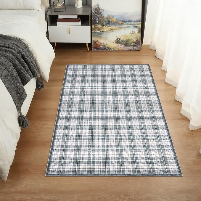 GarveeHome Checkered Rugs 2x3, Machine Washable Entryway Rug with Non Slip Backing, Stain Resistant Low-Pile Doormat for Indoor Outdoor Hallways Kitchen Bathroom Bedroom Grey