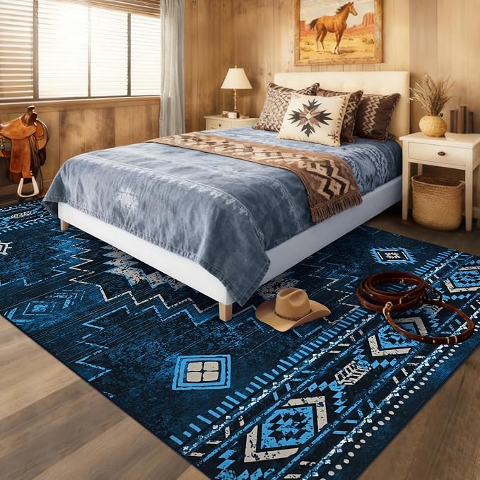 Yinhua Western Living Room Rug 5x7, Low-Pile Washable Rug for Bedroom | Aztec Blue Rugs Non-Slip with Rubber Backing, Soft Non-Shedding Carpet for Dining Table Office Nursery