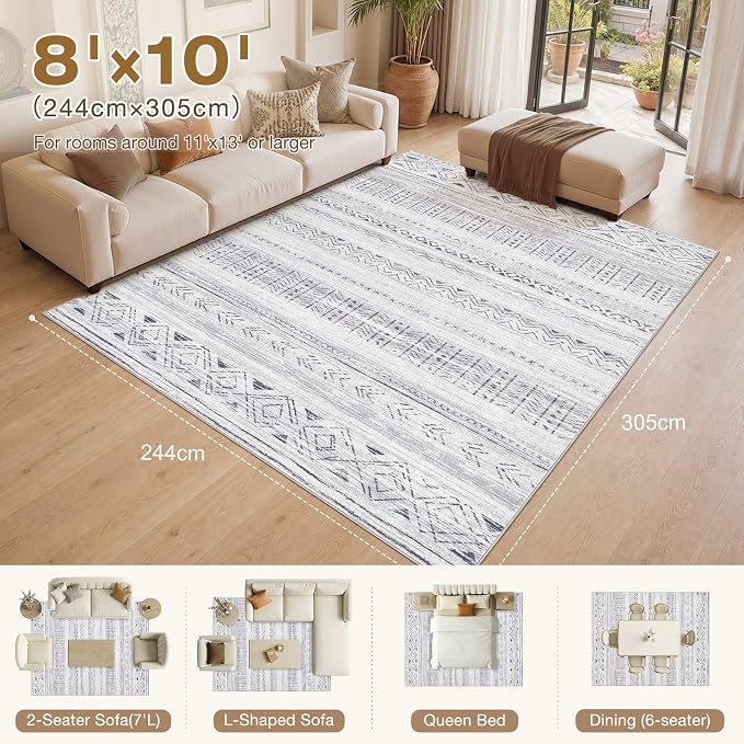 cotiled Boho 8x10 Area Rugs for Living Room: Large Moroccan Washable Rug | Stain Resistan Carpet for Bedroom Farmhouse Dining Room Dark Grey