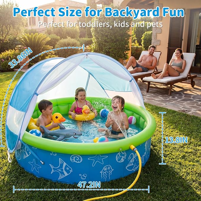 Kids Pool for Toddler, 47in Foldable Kiddie Pool with Canopy & Sprayer | Portable Baby Toddler Pool for Indoor Outdoor, Quick Setup No Tools, Easy Drain Non-Slip Splash Pool for Backyard & Travel