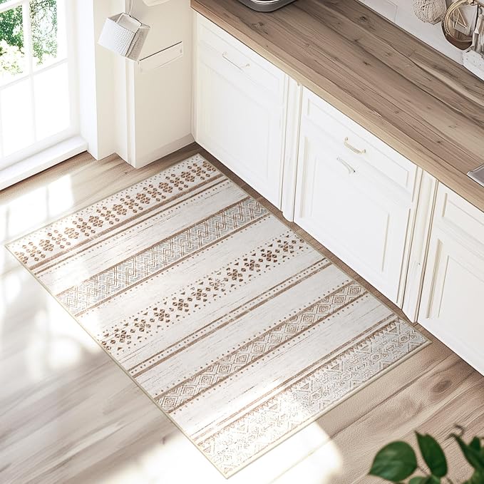 2x3 Washable Area Rugs for Living Room Boho Bathroom Rug Cream/Brown/Pink | Vacuum Friendly, Machine Washable, Non-Slip Rug, Stain Resistant, Moroccan Geometric, Low Pile Carpet, Entryway Kitchen