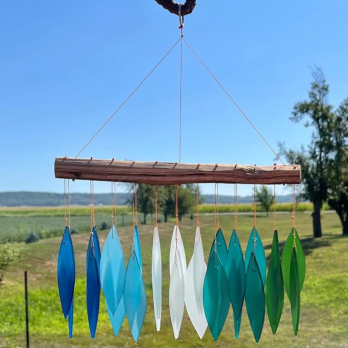 Blue Handworks Gradient Ocean Shades Glass Leaves Wind Chime | Sandblasted Glass and Found Wood Handcrafted Wind Chime