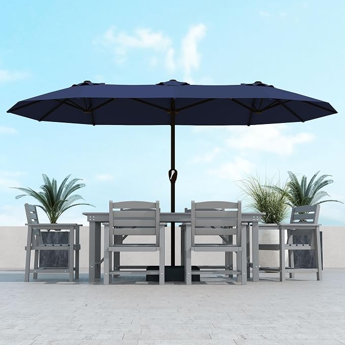 Kingdura 15ft Large Patio Umbrella with Base Included, Double-Sided Rectangle Outdoor Table Umbrella with 12 Reinforced Ribs, Crank Lift for Market Pool Deck Backyard, Navy blue