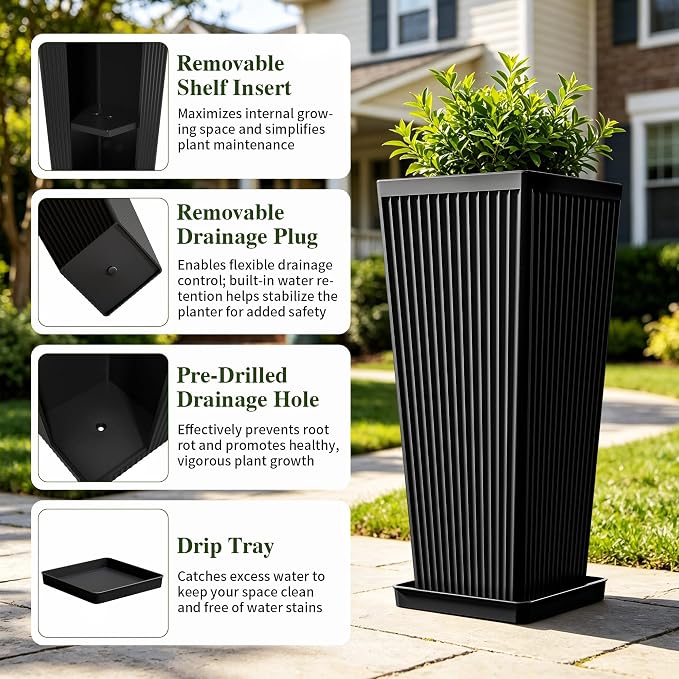 Square Tall Planters for Outdoor Plants Set of 2 - Fluted Large Outdoor Planters for Porch with Tray Saucers and Drainage Holes, Tapered Tall Indoor Flower Pots for Patio Garden, Black