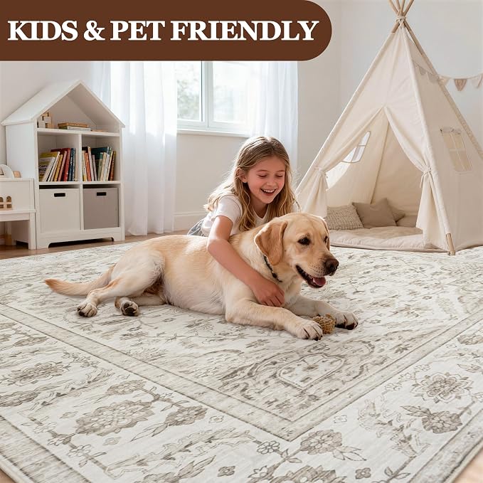 Washable 9x12 Area Rugs for Living Room Beige White Non-Slip Rug | Vintage Medallion Rug，Soft Low Pile Large Rugs，Indoor Retro Carpet for Bedroom Nursery Dining Table Farmhouse Home Office