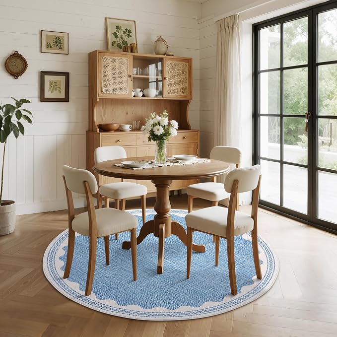 4ft Scalloped Round Rug Blue Washable Living Room Bedroom Area Rugs | Small Solid Rug for Bedroom Girls, Non Slip Scalloped Round Bath Mat, Soft Dorm Nursery Carpet for Bedside