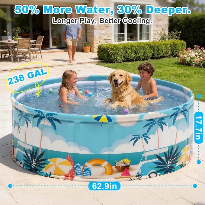 Foldable Kids Pool Hard Plastic Collapsible Deep Kiddie Pool, Small Toddler Pools for Swimming, Backyard Dog Pool (Beach Party 62.9"x17.7")
