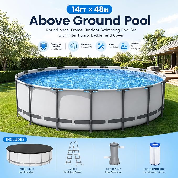 Above Ground Pool 14ft x 48in Steel Frame w/Pump Ladder Cover | 15x48ft, steel frame rust-proof, tool-free setup, 1000gal timer pump, ladder, cover, spare filter. 3-layer PVC liner.