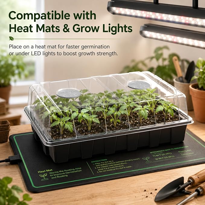 Gardzen 10-Pack Seed Starter Kits, Reusable Plant Germination Trays with Total 150-Cell, Seed Starter Tray with Humidity Vented Domes and Bases for Starting Vegetable Flower Herb Seeds 15" x 9", Black