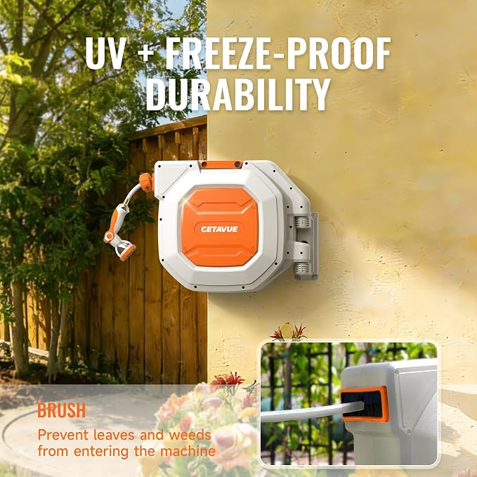 Retractable Garden Hose Reel 1/2 inch x 150 ft,Wall Mounted Heavy Duty Garden Hose Reel with 180°Swivel Bracket,Upgraded 10 Pattern Nozzle/Slow Return System(White)