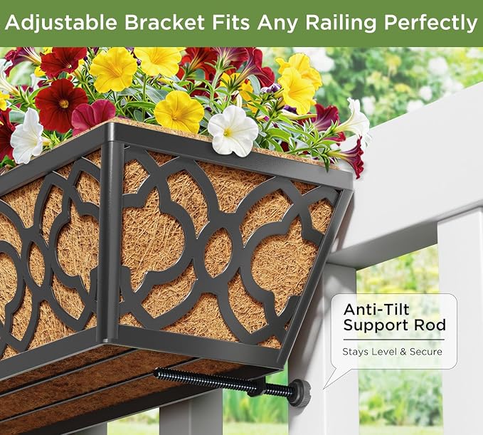 24 Inch Railing Planter Box with Coco Liner, Adjustable Metal Hanging Planter, Window Box for Balcony Deck Fence, Outdoor Flower Box Black, 4 Pack