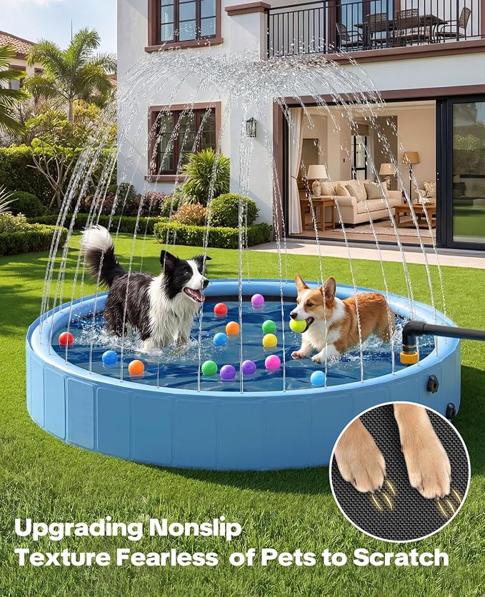 97'' Dog Pool with Sprinkler, Foldable Dog Pools for Large Dogs, 2-in-1 Non-Slip Swimming Pool for Dogs & Kids, Heavy Duty Hard Plastic Pet Bathing Tub for Outdoor Backyard, Blue
