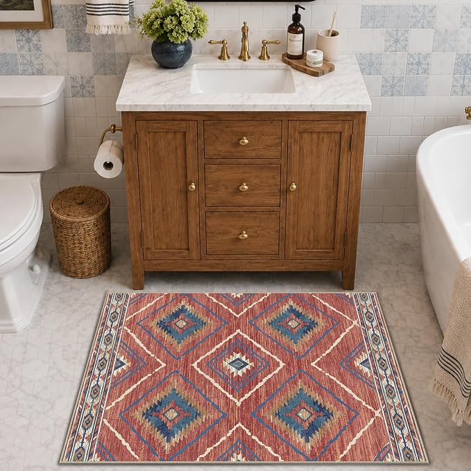 Area Rug 2x3 Rug Machine Washable Non-Slip Low Pile Print Pattern Western Rug for Living Room Bedroom Entryway Tribal Series -Red/Orange | Western No Slip Low Pile Print Foldable Indoor Small Rug for Kitchen entryway doormat