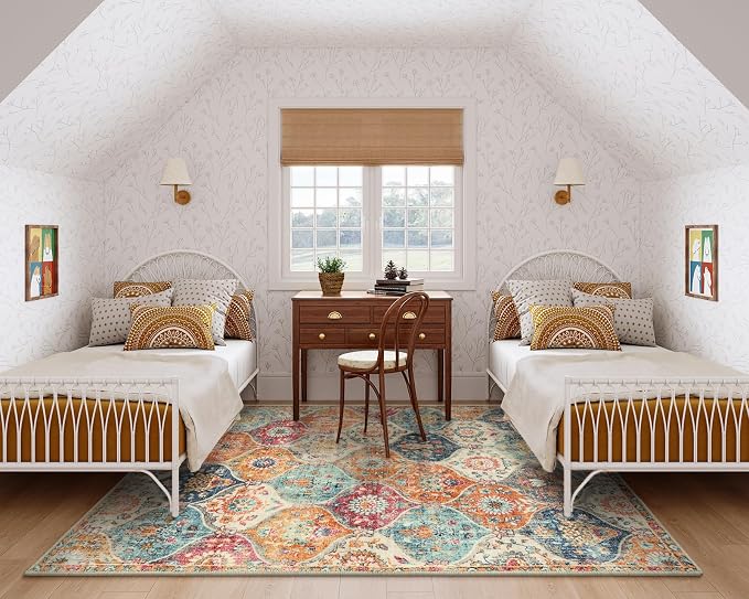 Lahome Moroccan 5x8 Area Rug, Ultra-Thin Washable Rugs for Living Room Bedroom, Soft Large Oriental Non-Slip Non Shedding Throw Large Carpet for Dining Room Office Elise, Cream/Multi