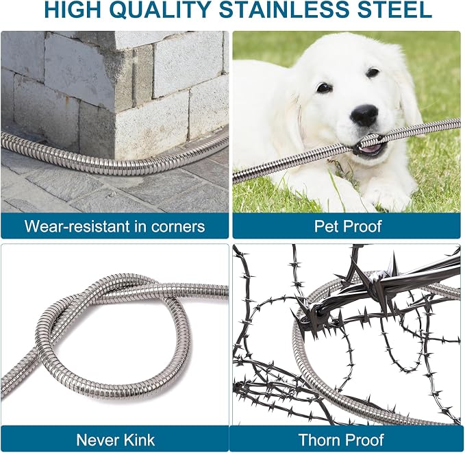 Metal Garden Hose 100 ft x 5/8 in OD with 10 Pattern Sprayer Nozzle, Stainless Steel Water Hose, Non Expandable Flexible Kink Resistant Heavy Duty Hose for Yard, Car Washing and Pet Bath