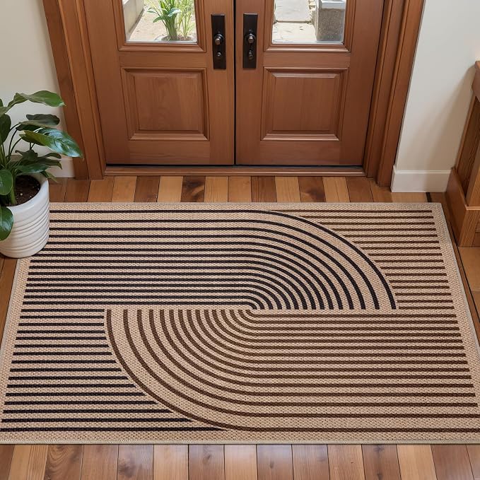 Tangsoo Rainbow Easy Jute Rug 2x4 Small Throw Rugs for Entryway,Washable Ultra Thin Outdoor Door Mat, Black Brown Non-Slip Indoor Floor Carpet for Entrance Kitchen Hallway Bedroom Front Porch