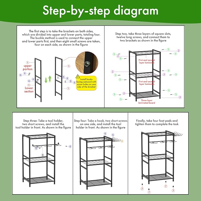 Garden Tool Organizer‑70‑Hole Garage Storage Rack with Adjustable Feet & Sturdy T‑Handle Hooks, Broom/Mop Holder for Yard, Shed, Multi‑Scene Use, No‑Tool Assembly, Black Garage Storage Rack