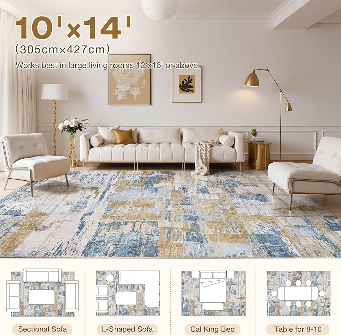 kakania Abstract 10x14 Area Rugs for Living Room: Washable Rugs Blue | Soft, Non-Slip, Low-Pile, Pet & Kid Friendly - Large Modern Home Decor Carpet for Bedroom/Dining Room/Office/Nursery