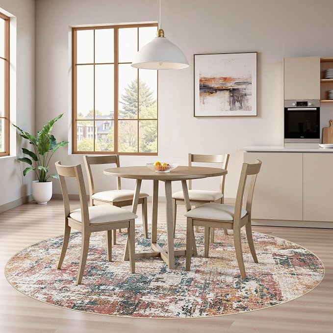 Tortania Washable 8' Round Area Rug for Living Room: Modern Abstract Neutral Large So' Thin Rugs - Non Slip Indoor Carpet for Bedroom Dining Room Office Nursery Home Floor Decoration - Colorful Multi