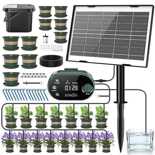 Solar Drip Irrigation System Kit, Auto Watering Kit for 15 Pots, 3W Solar Powered Auto Easy DIY Watering Device,22 Timing Modes with with Anti-Siphoning Device & Buckets and Flower Pots