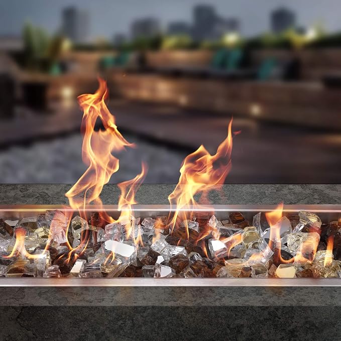Onlyfire 10 lbs Fire Glass Rocks 1/4 Inch, Reflective Tempered Glass for Propane Fire Pit & Gas Fireplace, High Luster Firepit Glass Stones for Fire Table, Gold+Platinum+Copper