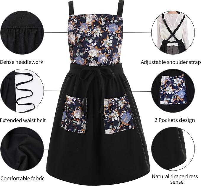 Pinknoke Vintage Pinafore Apron Dress for Women with Pockets Cute Floral Chef Aprons for Kitchen Cooking Baking Gardening