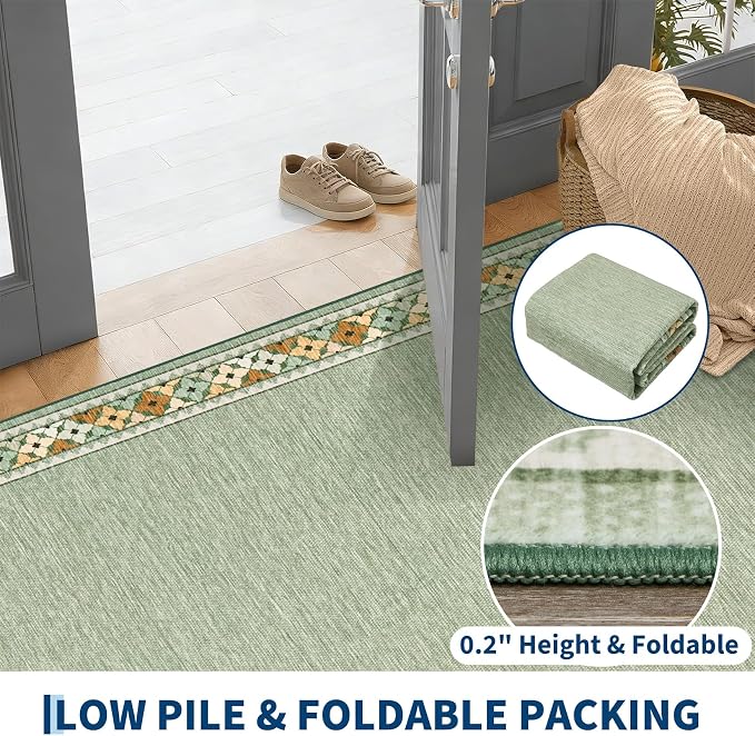 Garvee 2x6 Tribal Border Kitchen Rugs Washable Rugs for Hallway, Green | Floral Border Area Rug Stain Resistant Easy Cleaning Throw Rugs Low Pile Floor Cover for Bedroom Laundry