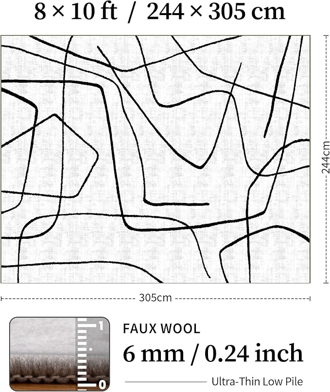 8x10 Washable Modern Abstract Black White Area Rug | Ultra-Thin Low Pile, Non-Slip TPE Backing, Soft Stain Resistant, Machine Washable, for Bedroom Livingroom High Traffic