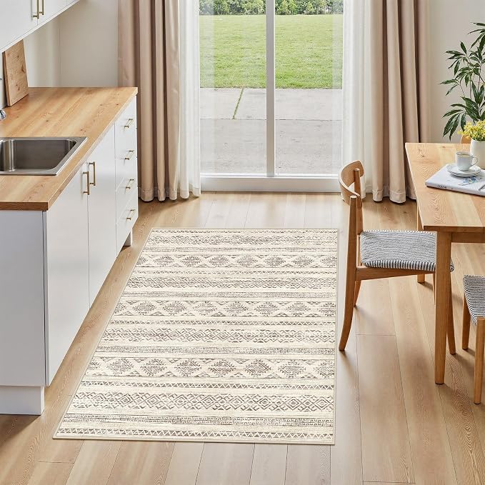 Tortania Area Rug Living Room Rugs - 2x3 Washable Soft Neutral Boho Moroccan Farmhouse Mat Indoor Floor Carpet for Bedroom Under Dining Table Home Office Decor - Brown