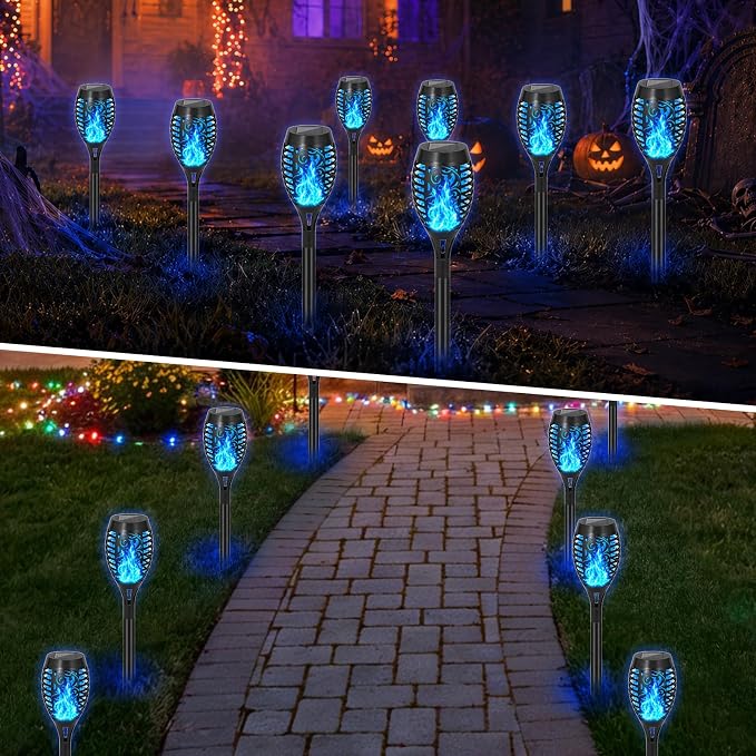Solar Torch Flame Lights, Flickering Flame LED – Waterproof Solar Garden Lights for Patio, Yard, Pathway, Landscape & Backyard Décor (Blue-8 Pack)