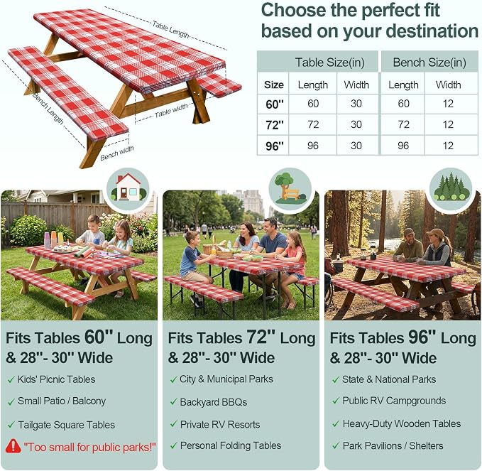 Play Tailor Picnic Table Cover with Bench Covers Camping Essentials Waterproof Windproof Camping Tablecloth with Drawstring Bag, Fitted Rectangle Tables and Seats, 96in, Red Checkered