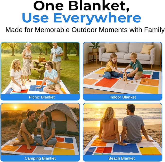 scuddles Extra Large Picnic Blanket – 80" x 80" Waterproof Outdoor Mat with Soft 3-Layer Comfort, Foldable Design & Carry Strap for Beach, Camping, Parks, Hiking & Family Picnics
