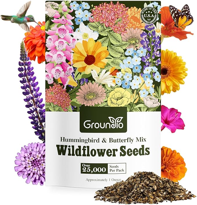 Groundio 25,000+ Wildflower Seeds Mix 1 Oz, 24 Varieties Perennial & Annual Seeds for Hummingbirds and Butterflies, High Germination Flower Seeds Throw and Grow to Plant Outside, No Filler