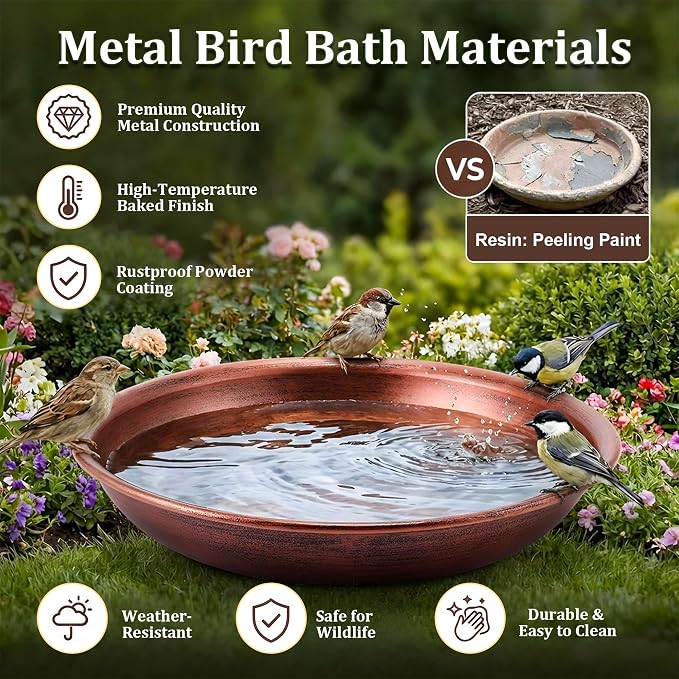 HappyAlley Bird Bath Bowl, Vintage Metal Bird Bath for Outdoor, 12.59'' Dia 2.7" Depth Heavy Duty Birdbath Bowls only, Large Capacity Birds Baths Feeder Bowl for Garden Patio Yard Lawn Decor