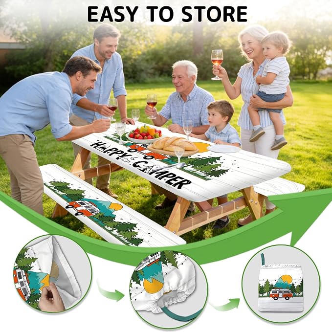 Picnic Table Cover with Bench Covers Elastic Edges, 3 Pcs Forest Fitted Table Cover with Drawstring Bag, Waterproof Windproof Aesthetic Camping Tablecloth, Outdoor Camping Essentials 72 Inch
