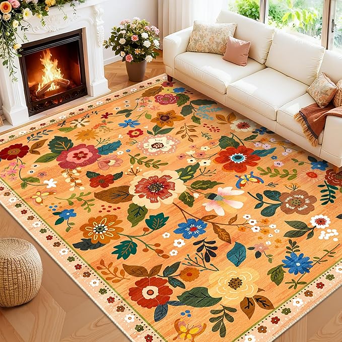 RELEANY Floral Washable 8x10 Area Rugs Orange/Yellow/Red | Flower Carpet, Print, Boho, Non-Slip, Easy to Clean, Soft, Low Pile for Living Room Bedroom Kitchen Office Entryway Hallway