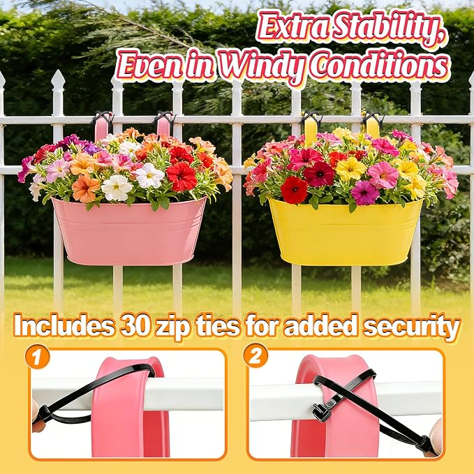 MADHOLLY Railing Planter with Drainage Holes - 6Pcs Sturdy Bucket Pots for Railing Fence, Countryside Style Metal Flower Pots for Herbs Balcony Garden Yard Decor, Colorful