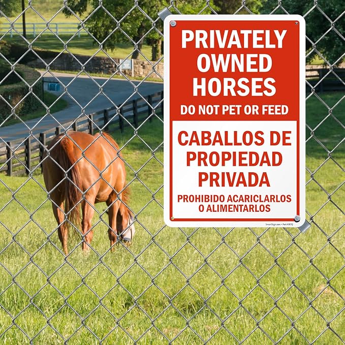 SmartSign 18 x 12 inch “Privately Owned Horses - Do Not Pet Or Feed” Bilingual Metal Sign, 63 mil Laminated Rustproof Aluminum, Red and White, Made in USA