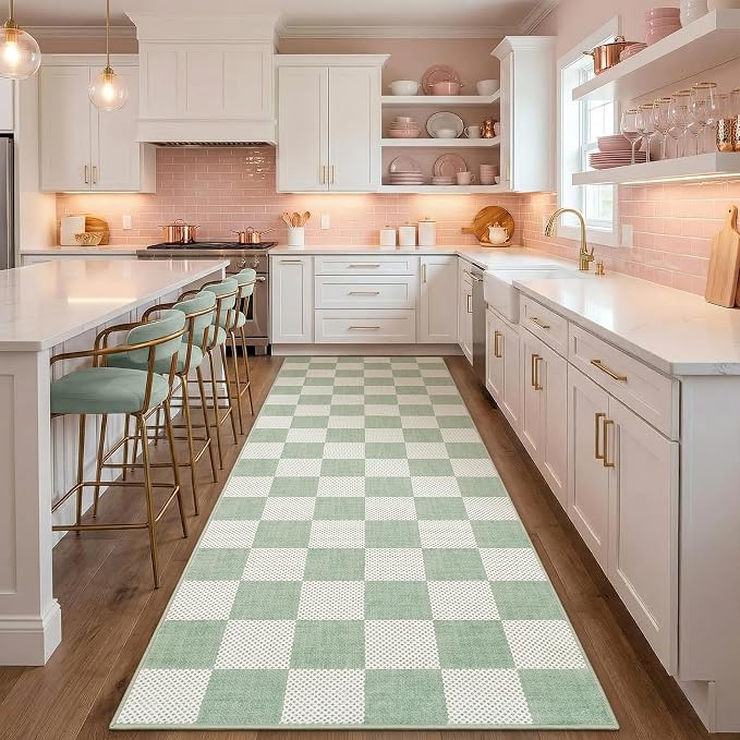 GarveeHome Checkered Sage Green 2x6 Washable Kitchen Runner Rug Entryway | Sage Green Small Area Rug for Hallway Bedroom Bathroom Low-Pile Non-Slip Stain Resistant Geometric Rugs TPE Backing