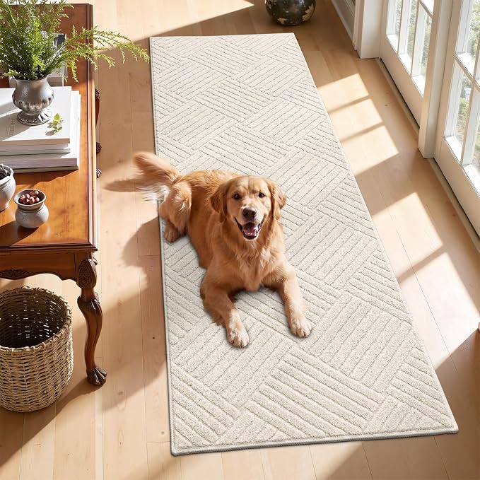 2x6 Bedroom Runner, Soft Beige Geometric Fluffy Hallway Mat | Washable Modern Hall Floor Rug, Non Slip Shaggy Boho Indoor Accent Kitchen Throw Carpet for Laundry, Entyway and Bathroom